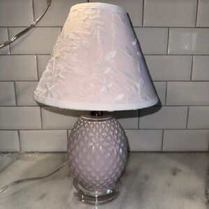 Pink Milk Glass Like Lamp With Clear Lucite Base Pink Embroidered Lamp Shade0041